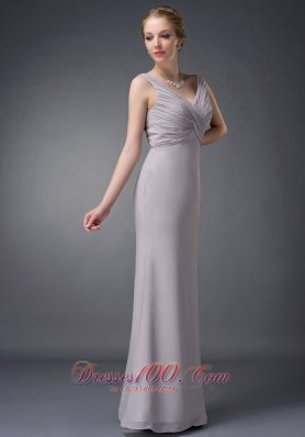 Popular Customize Grey Column V-neck Mother Of The Bride Dress Chiffon Ruch Floor-length