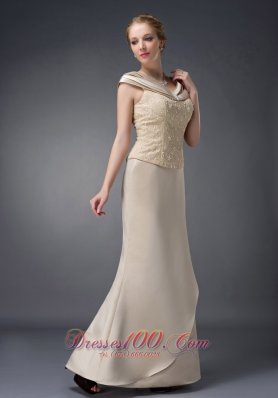 Popular Wonderful Champagne Column V-neck Mother Of The Bride Dress Satin Lace and Beading Floor-length