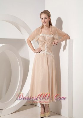 Popular Popular Champagne Column Strapless Mother Of The Bride Dress Chiffon Appliques Tea-length