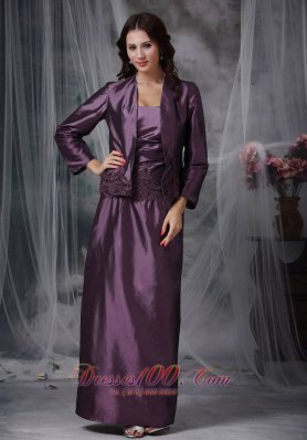 Discount Dark Purple Column Strapless Ankle-length Taffeta Appliques Mother Of The Bride Dress