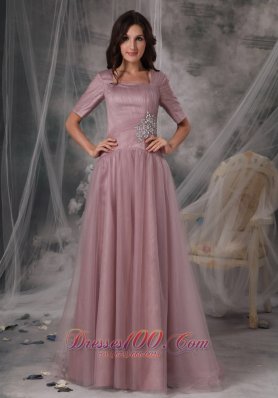 Discount Simple Mother of the Bride Dress Light Pink Column / Sheath Square Tulle Beading Brush / Sweep Train