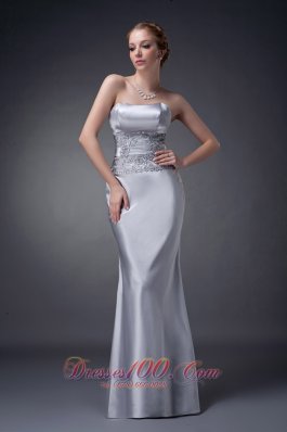 Elegant Customize Silver Column Strapless Mother Of The Bride Dress Elastic Woven Satin Appliques Floor-length
