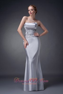 Elegant Customize Silver Column Strapless Mother Of The Bride Dress Elastic Woven Satin Appliques Floor-length