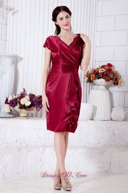 Wine Red Column V-neck Ruch Mother Of The Bride Dress Knee-length Taffeta