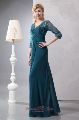 Lovely Turquoise Column V-neck Lace Mother Of The Bride Dress Floor-length Chiffon