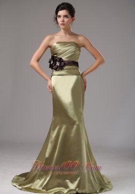 2013 Strapless Mermaid Elastic Woven Satin Olive Green Prom Dress With Black Sash