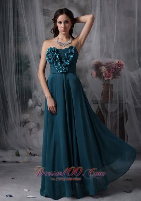 2013 Pretty Peacock Green Cheap Bridesmaid Dress Empire Strapless Chiffon Hand Made Flowers Floor-length