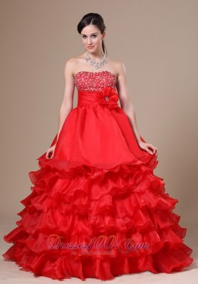 2013 Beaded Decorate Strapless Hand Made Flower Ruffled Layers Red Floor-length 2013 Prom / Evening Dress