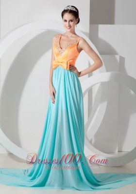 2013 Custom Made Aqua Blue and Orange Evening Dress Empire V-neck Chiffon Beading Brush Train