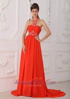 2013 Red Empire Halter Court Train Chiffon Beading Red Prom / Evening Dress