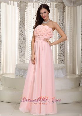 2013 Baby Pink Empire Strapless Floor-length Chiffon Hand Made Flowers Prom Dress
