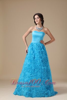 2013 Teal A-line Strapless Floor-length Fabric With Rolling Flower Prom Dress