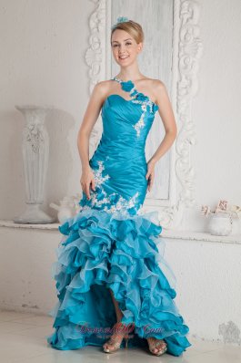 2013 Teal Mermaid One Shoulder Ruch and Appliques Prom Dress High-low Organza