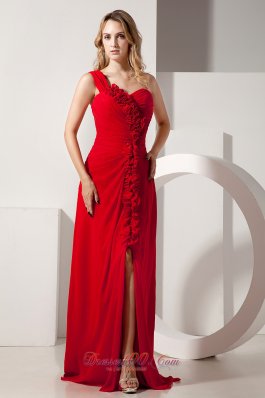 2013 Red Empire One Shoulder Hand Made Flowers Prom / Evening Dress Brush Train Chiffon