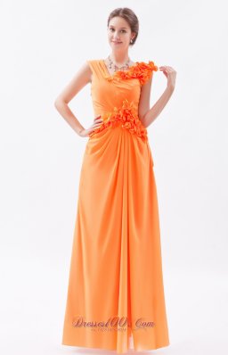 2013 Organge Column / Sheath Asymmetrical Prom Dress Chiffon Hand Made Flowers Floor-length