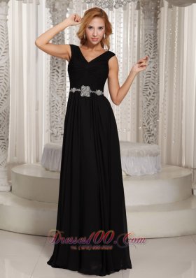 Best Simple V-neck Black Floor-length Belt 2013 Mother Of The Bride Dress For Wedding Party
