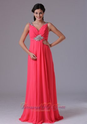 Best Coral Red V-neck Beading and Ruch Prom Dress With Floor-length In Norwalk Connecticut