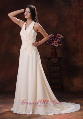 Best Halter Champagne Appliques Decorate Prom Dress With Brush Train In Sierra Vista Arizona