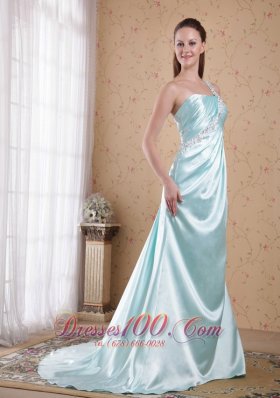 Best Light Blue Empire One Shoulder Brush / Sweep Elastic Woven Satin Beading Prom Dress