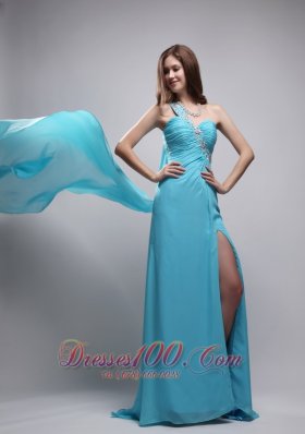 Best Aqua Blue Column One Shoulder Watteau Train Chiffon Beading and Ruch Prom Dress