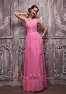 Best Rose Pink Empire One Shoulder Floor-length Chiffon Beading Prom / Evening Dress