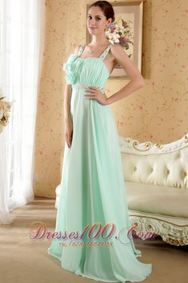 Best Apple Green Empire Straps Brush Train Chiffon Beading and Hand Made Flowers Prom / Evening Dress