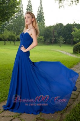 Best Blue Empire Sweetheart Brush Train Chiffon Ruch Prom Dress
