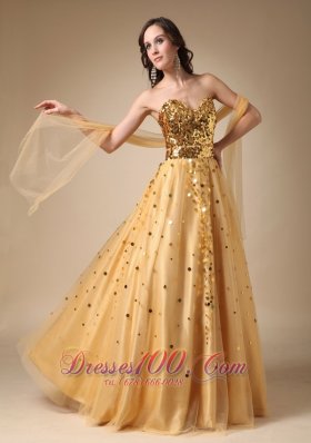 Best Gold A-line Sweetheart Sequins and Tulle Evening Dress