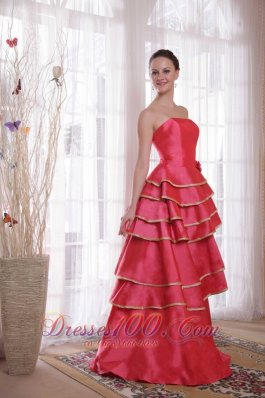 Clearence Coral Red A-line / Princess Strapless Floor-length Satin Ruffles Prom Dress