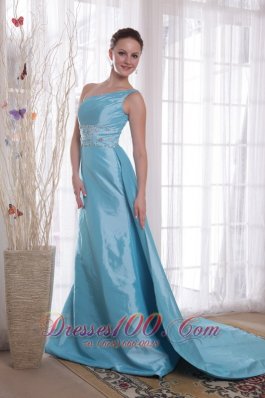 Clearence Baby Blue Column / Sheath One Shoulder Watteau Train Beading Taffeta Prom / Pageant Dress