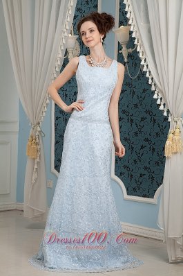 Clearence Light Blue Prom Dress Column Square Brush Train Lace