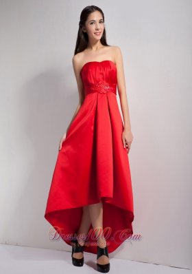 Lovely Red A-line Strapless Appliques Bridesmaid Dress High-low Satin