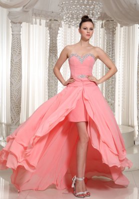 Custom Made High-low Prom Dress With Watermelon Chiffon Beaded Decorate