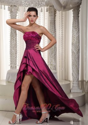 Fuchsia A-line Strapless Asymmetrical Taffeta Sequins Prom Dress