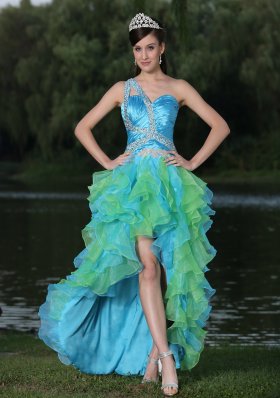 High-low Multi-color Evening Dress In Graduation Party With Ruffles One Shoulder Beaded Decorate