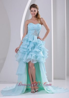 Light Blue Organza High-low Sweetheart 2013 Prom / Homecoming Dress With Beading Ruch and Ruffles Brush Train
