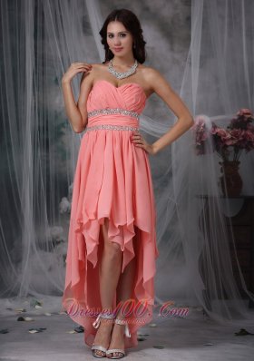 Watermelon Red Column Sweetheart High-low Chiffon Beading Prom Dress