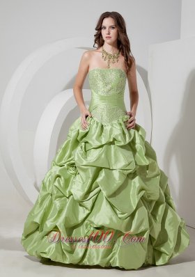 Designer Elegant Yellow Green A-line Strapless Prom Dress Taffeta Appliques Floor-length