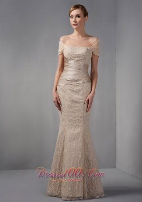 Designer Unique Champagne Mermaid Prom Dress Off The Shoulder Beading Floor-length Lace