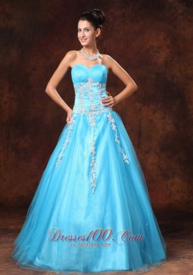 Designer Baby Blue Sweetheart A-line Appliques Graduation Custom Made Prom Gowns