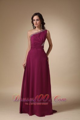 Designer Burgundy Column One Shoulder Brush Train Chiffon Beading Prom / Evening Dress