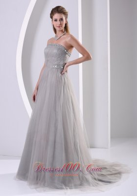 Designer Grey Tulle A-line Strapless Beaded Simple Plus Size Prom Dress With Sweep Train