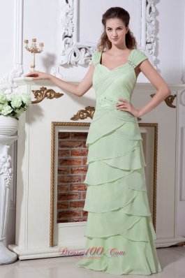 Designer Yellow Green V-neck Straps Rulles Layers Prom Dress