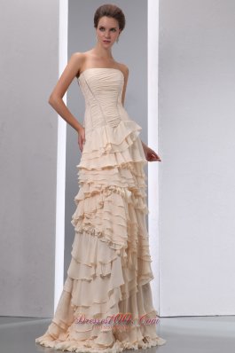 Designer Modest Champagne Column Strapless Ruffles Junior Prom Dress Brush Train Chiffon