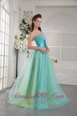 Designer Aqua Blue Princess Sweetheart Brush Train Tulle Beading Prom / Graduation Dress