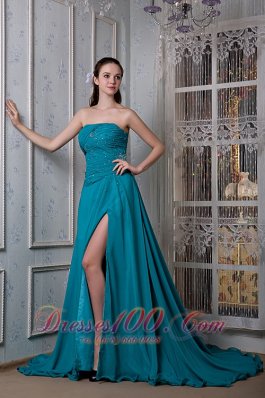 Designer Remarkable Teal A-line Strapless Evening Dress Chiffon and Elastic Woven Satin Beading Court Train
