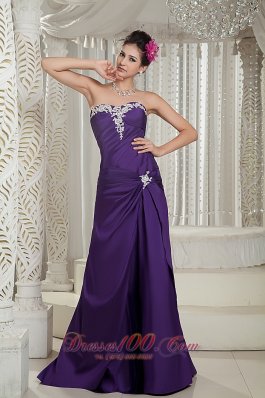 Designer Customize Purple Prom Dress Column Strapless Satin Appliques Brush Train