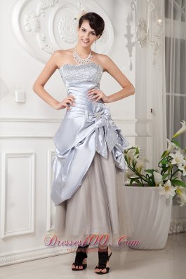 Designer Lilac Column Strapless Ankle-length Satin and Tulle Beading Prom Dress
