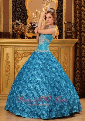 New Classical Sky Blue Quinceanera Dress Sweetheart Fabric With Rolling Flowers Appliques Ball Gown