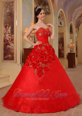 New Red Ball Gown Sweetheart Floor-length Organza Handle Flowers Quinceanera Dress